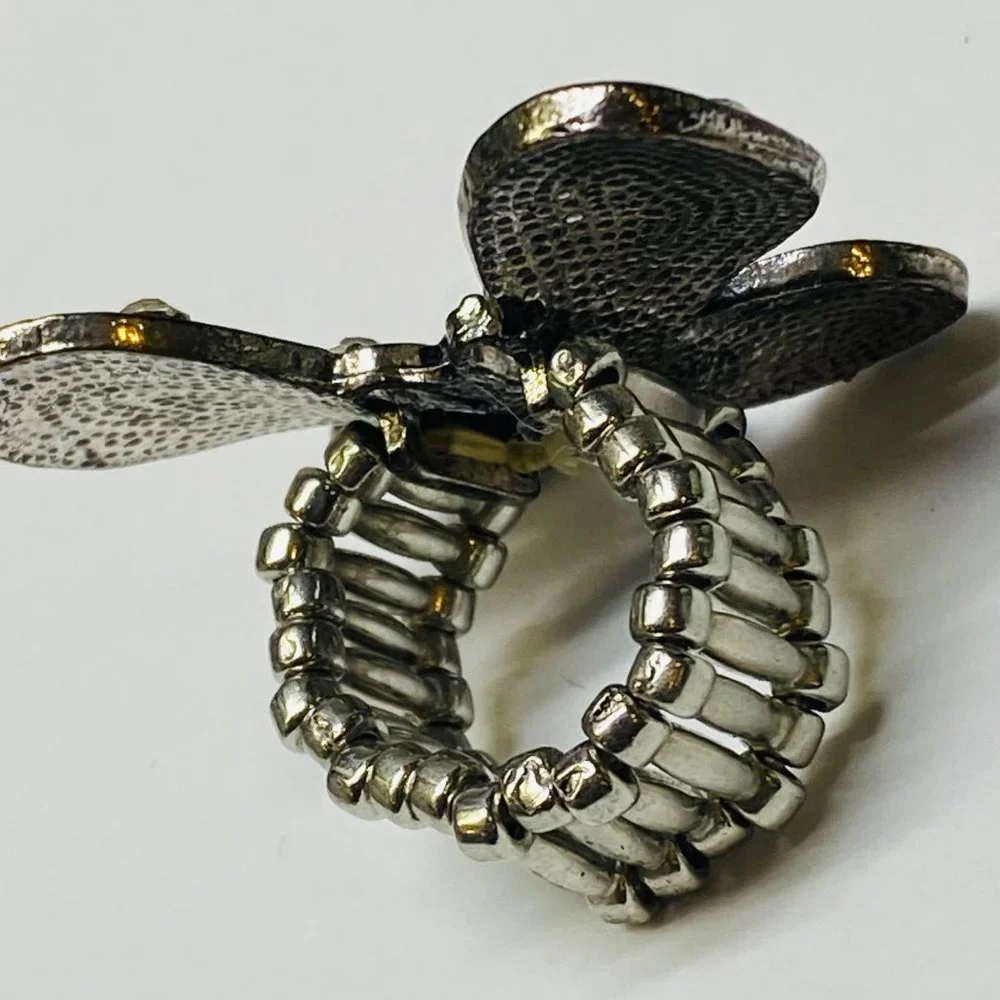 Ring Stretch Butterfly Shape Women Rhinestone Accents Enamel Silver Color Metal - Picture 15 of 16